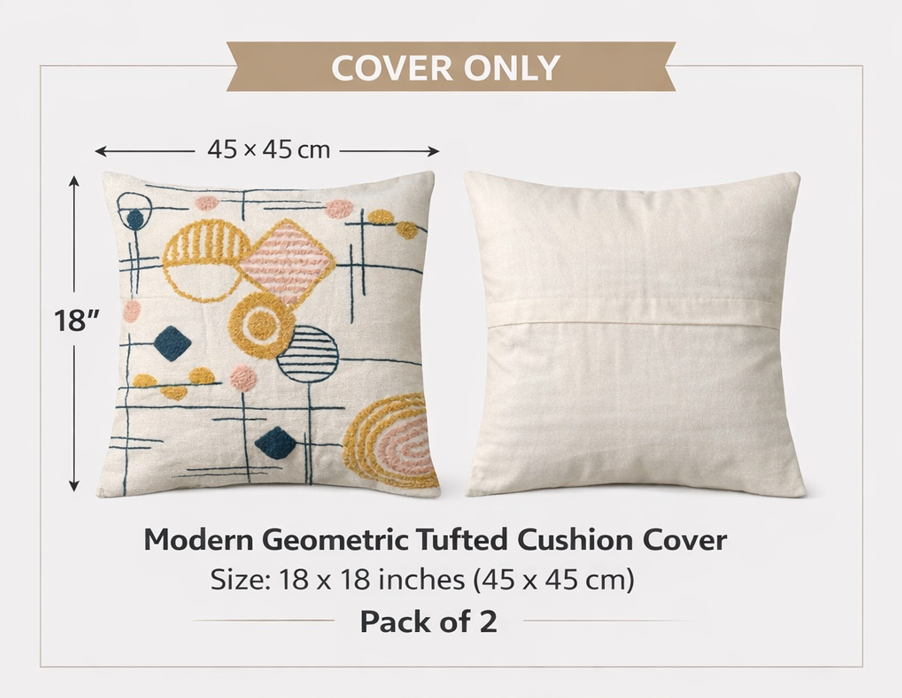 Geometric Tufted Cushion Cover - Modern Boho Embroidered Décor 45x45cm (18x18 inch) | Pack of 2