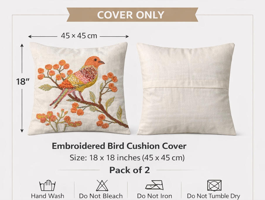 Hand Embroidered Bird Cushion Cover - Botanical Floral Design 45x45cm (18x18 Inch) | Pack of 2