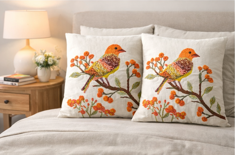 Hand Embroidered Bird Cushion Cover - Botanical Floral Design 45x45cm (18x18 Inch) | Pack of 2