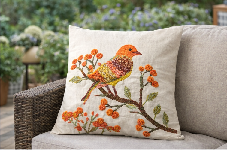 Hand Embroidered Bird Cushion Cover - Botanical Floral Design 45x45cm (18x18 Inch) | Pack of 2