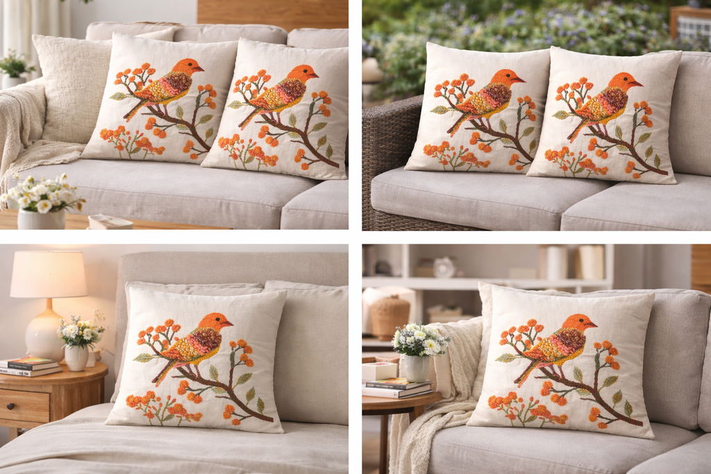 Hand Embroidered Bird Cushion Cover - Botanical Floral Design 45x45cm (18x18 Inch)