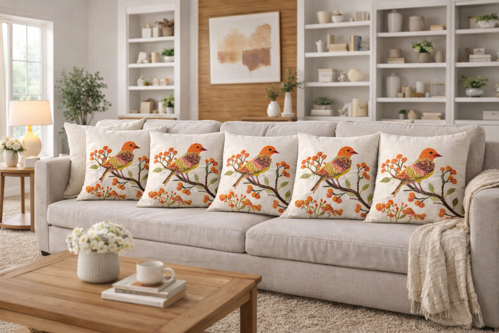 Hand Embroidered Bird Cushion Cover - Botanical Floral Design 45x45cm (18x18 Inch)