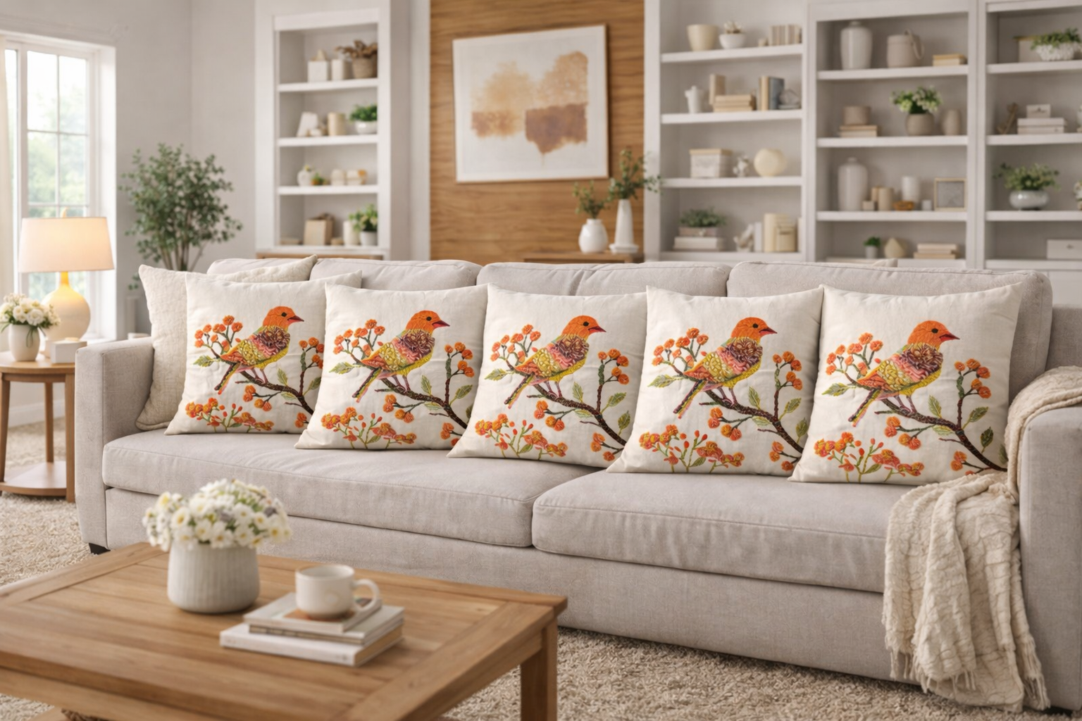 Hand Embroidered Bird Cushion Cover - Botanical Floral Design 45x45cm (18x18 Inch)