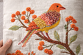 Hand Embroidered Bird Cushion Cover - Botanical Floral Design 45x45cm (18x18 Inch)