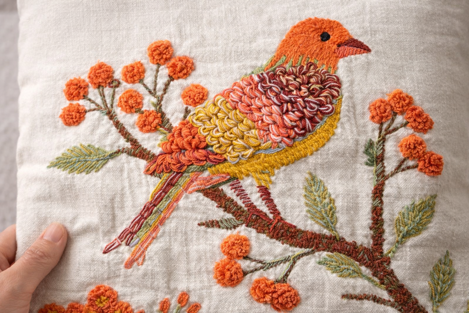 Hand Embroidered Bird Cushion Cover - Botanical Floral Design 45x45cm (18x18 Inch)